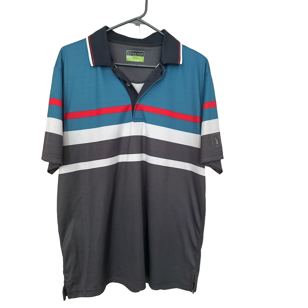 PGA Tour Pro Series Blue and Gray Polo with Red Accents